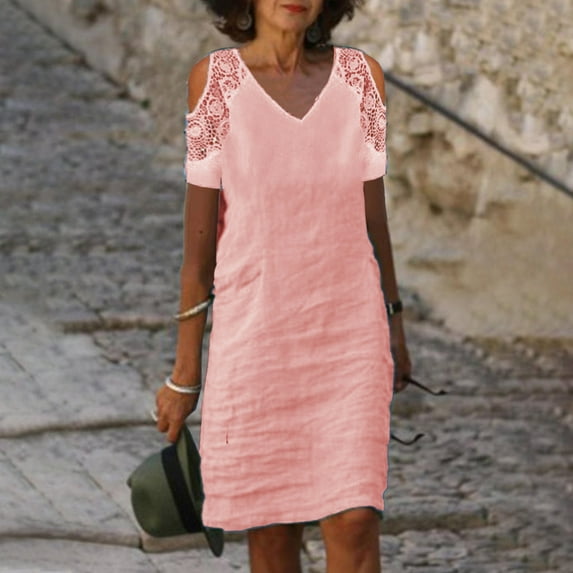 USSUMA Womens Summer Dresses Summer Dresses Short Sleeve V Neck Casual Solid Color Lace Linen Patchwork off Shoulder Neck Casual Maxi Dress Trendy Skirt Loose Dresses Camping Pink Dress Size-L