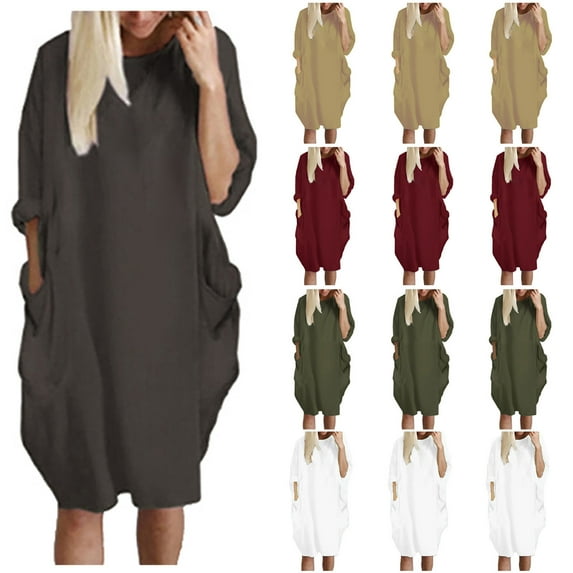 USSUMA Womens Summer Dresses Women'S Casual Dresses Long Sleeve Plus Size Dress Solid Color Printed Dress with Pocket Loose Fit Maxi Dress Elegant Skirt Lightweight Skirt Army Green Dress Size-L