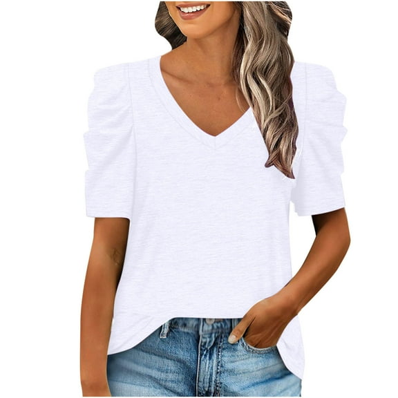 USSUMA Womens Summer Shirt V Neck Casual Tshirts Puff Sleeve Tops Dressy Casual Blouse for Women Solid Color