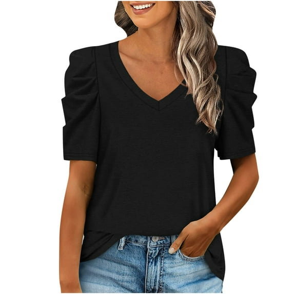 USSUMA Womens Summer Shirt V Neck Casual Tshirts Puff Sleeve Tops for Women Solid Color