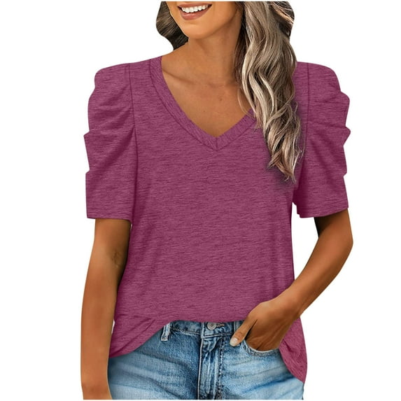 USSUMA Womens Summer Shirt V Neck Casual Tshirts Puff Sleeve Tops for Women Solid Color