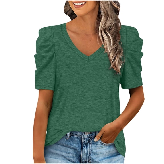 USSUMA Womens Summer Shirt V Neck Casual Tshirts Puff Sleeve Tops for Women Solid Color