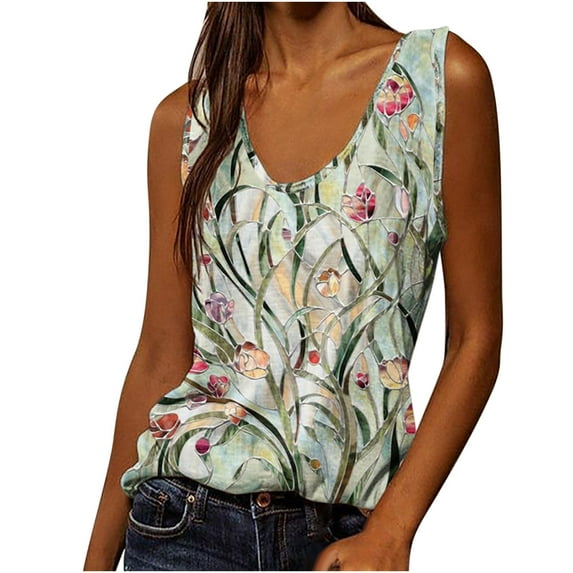 Womens Blouses and Tops Dressy, Womens Summer Tank Tops Sleeveless U Neck Henley Shirts Floral Printed Casual Loose Tees Blouse