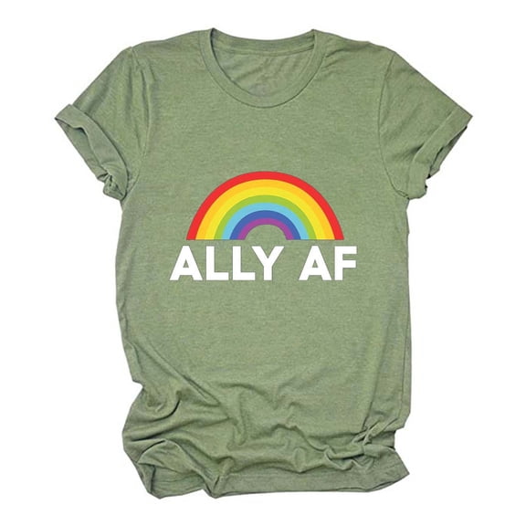 USSUMA Womens Summer Tops and Blouses Trendy Crewneck Ally Aff Rainbow Print T-Shirts for Women Dressy Casual Short Sleeve Classic Comfy Graphic Shirt Tunics Plus Beach