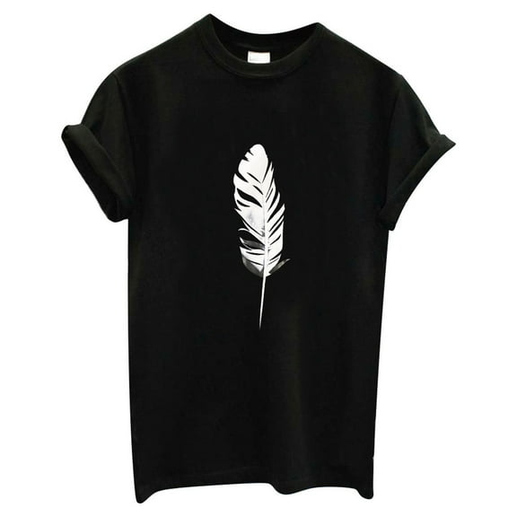 USSUMA Womens Summer Tops and Blouses Trendy Summer Shirts for Women Feathers Printed Short Sleeve T Shirt Casual Loose Tops Juniors Tees Graphic Tees