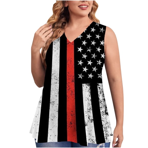 USSUMA Womens Summer Tops and Blouses Trendy V Neck USA Flag Print Plus Size T-Shirts for Women Dressy Casual Sleeveless 4th of July Patriotic Tanks Shirt Tunics Plus Beach