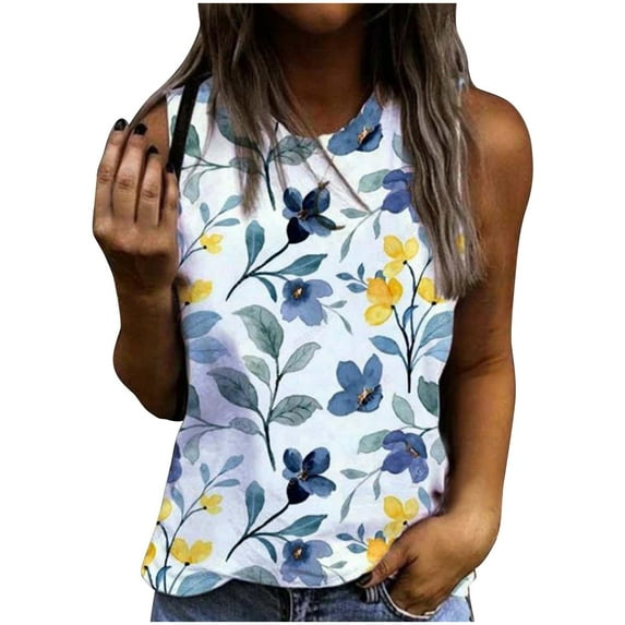 USSUMA Cute Loose Workout Tank Vest Summer Tops for Women 2022 Trendy Floral Print Womens Tunic Tops Crewneck Basic Shirts Tees Sleeveless Dressy Blouses for Women