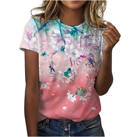 USSUMA Womens Summer Tops Cute Teens Graphic T-Shirts for Women Trendy Floral Print Retro Blouses Tops Dressy Short Sleeve Crewneck Tunic Plus Size Shirts for Women