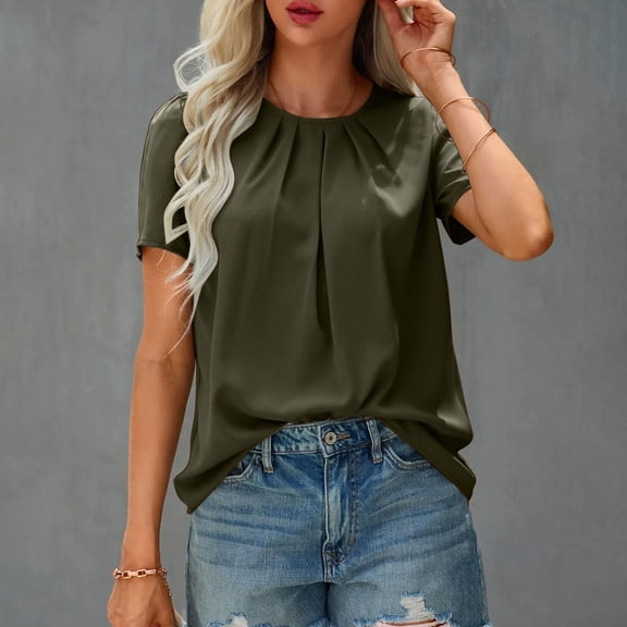 USSUMA Womens Summer Tops Fashion Women Casual Short Sleeve Round Neck Solid Pleated Detail Puff Sleeve Blouse Trendy Tax Free Weekend Army Green Polyester L