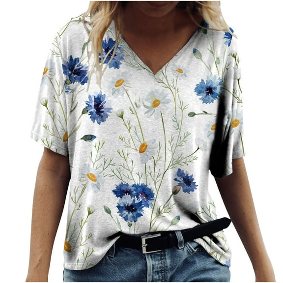 USSUMA Womens Summer Tops Funny Loose Fit Cute T-Shirts for Women Trendy Floral Print Womens Blouses and Tops Dressy Short Sleeve V Neck Tunic Plus Size Shirts for Women