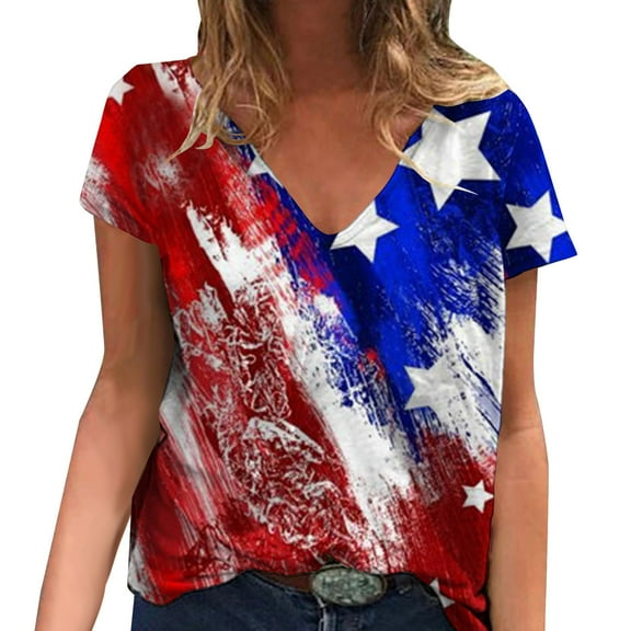 USSUMA Womens Summer Tops July 4th T-Shirts for Women Trendy American Star Stripe Print Patriotic Blouses Tops Dressy Short Sleeve V Neck Tunic Plus Size Shirts for Women