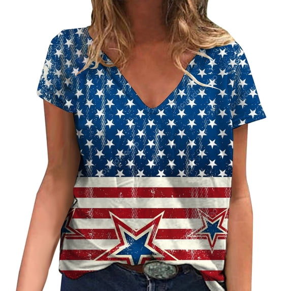 USSUMA Womens Summer Tops July 4th T-Shirts for Women Trendy American Star Stripe Print Patriotic Blouses Tops Dressy Short Sleeve V Neck Tunic Plus Size Shirts for Women