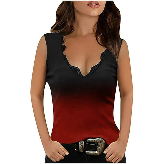USSUMA Womens Summer Tops Lace Trim Tank Workout T-Shirts for Women Trendy Ombre Gradient Womens Blouses and Tops Dressy Sleeveless V Neck Tunic Plus Size Shirts for Women