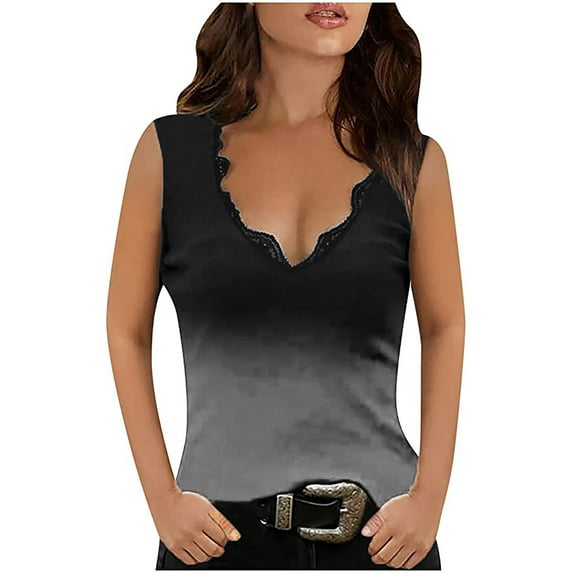 USSUMA Womens Summer Tops Lace Trim Tank Workout T-Shirts for Women Trendy Ombre Gradient Womens Blouses and Tops Dressy Sleeveless V Neck Tunic Plus Size Shirts for Women