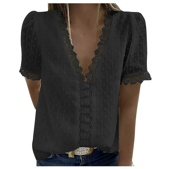 USSUMA Womens Summer Tops Plus Size Lace Trim T-Shirts for Women Trendy Swiss Dot Womens Blouses and Tops Dressy Short Sleeve V Neck Tunic Plus Size Shirts for Women