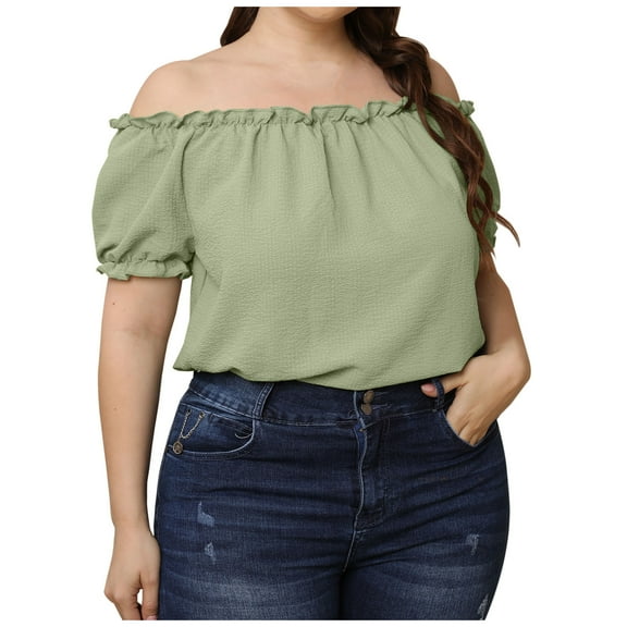 USSUMA Womens Summer Tops Plus Size Ruffle Basic T-Shirts for Women Trendy Solid Color Blouses Tops Dressy Off Shoulder Tunic Plus Size Shirts for Women
