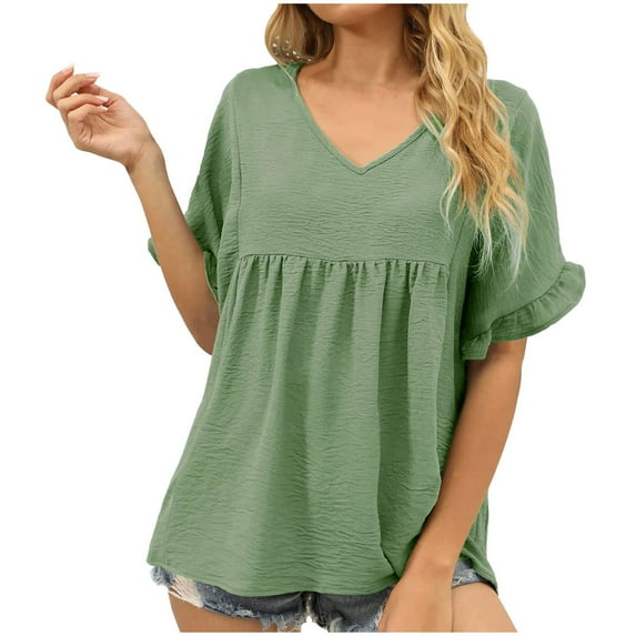 USSUMA Womens Summer Tops Ruffle Flowy Peplum T-Shirts for Women Trendy Solid Color Womens Blouses and Tops Dressy Short Sleeve V Neck Tunic Plus Size Shirts for Women