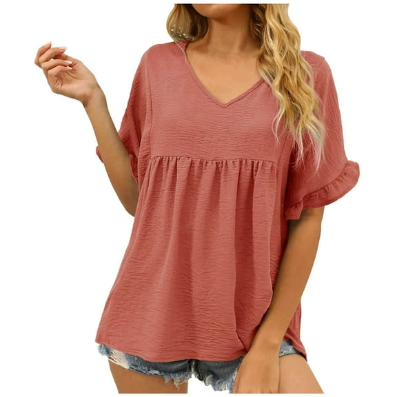 USSUMA Womens Summer Tops Ruffle Flowy Peplum T-Shirts for Women Trendy Solid Color Womens Blouses and Tops Dressy Short Sleeve V Neck Tunic Plus Size Shirts for Women