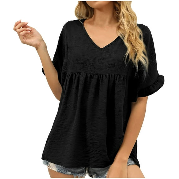 USSUMA Womens Summer Tops Ruffle Flowy Peplum T-Shirts for Women Trendy Solid Color Womens Blouses and Tops Dressy Short Sleeve V Neck Tunic Plus Size Shirts for Women