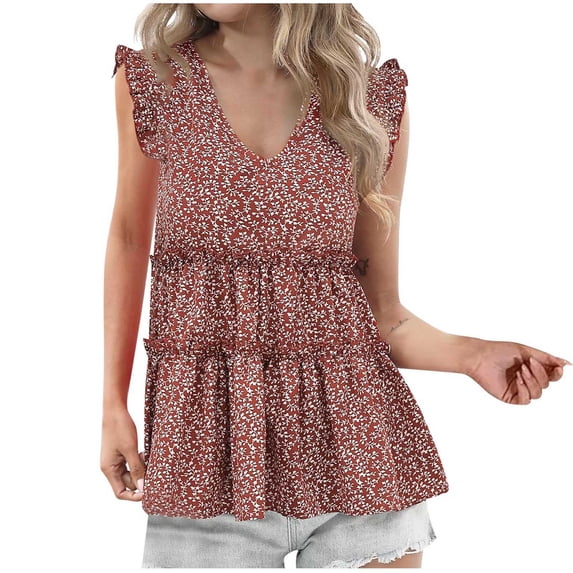 USSUMA Womens Summer Tops Ruffle Tiered Flowy Swing T-Shirts for Women Trendy Boho Floral Print Womens Blouses and Tops Dressy Sleeveless V Neck Tunic Plus Size Shirts for Women