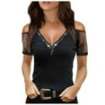 thumbnail image 1 of USSUMA Womens Summer Tops Sexy Cold Shoulder Net Yarn T-Shirts for Women Trendy Rhinestones Womens Blouses and Tops Dressy Short Sleeve V Neck Tunic Plus Size Shirts for Women, 1 of 4