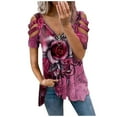 thumbnail image 1 of USSUMA Womens Summer Tops Sexy Cold Shoulder Zip Up T-Shirts for Women Trendy Rose Print Womens Blouses and Tops Dressy Short Sleeve V Neck Tunic Plus Size Shirts for Women, 1 of 5
