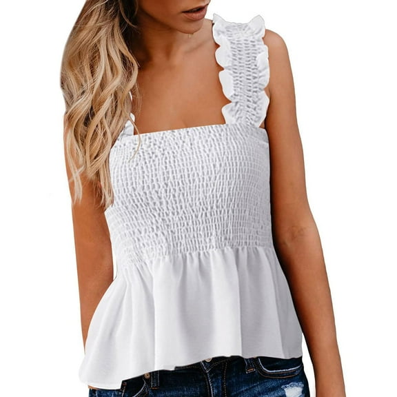 USSUMA Womens Summer Tops Smocked Ruffle Tank Top T-Shirts for Women Trendy Solid Flowy Blouses Tops Dressy Square Neck Tunic Plus Size Shirts for Women