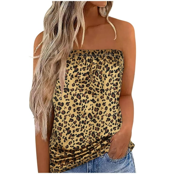 USSUMA Womens Summer Tops Strapless Bandeau Tube Tank T-Shirts for Women Trendy Leopard Print Blouses Tops Dressy Casual Off Shoulder Tunic Plus Size Shirts for Female