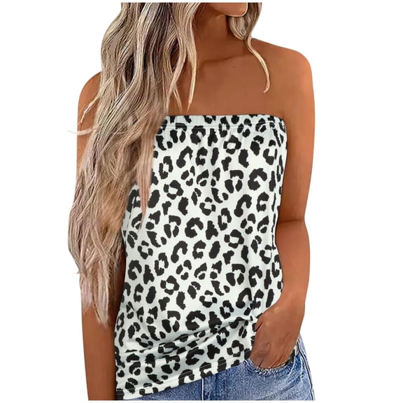 USSUMA Womens Summer Tops Strapless Bandeau Tube Tank T-Shirts for Women Trendy Leopard Print Blouses Tops Dressy Casual Off Shoulder Tunic Plus Size Shirts for Female