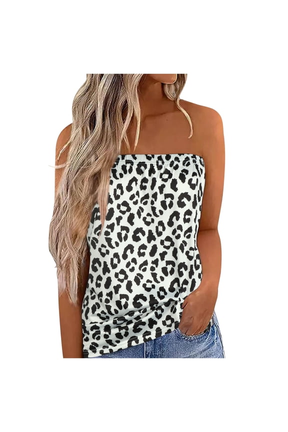 USSUMA Womens Summer Tops Strapless Bandeau Tube Tank T-Shirts for Women Trendy Leopard Print Blouses Tops Dressy Casual Off Shoulder Tunic Plus Size Shirts for Female