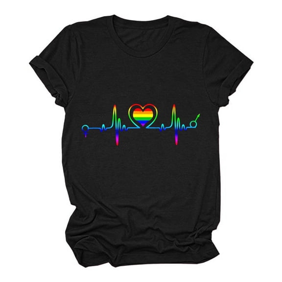 USSUMA Womens Summer Tops Trendy Round Neck Cute Funny Graphic Tees T Shirts for Women Short Sleeve Blouses Tops Dressy Rainbow Heart Beat Print Tunic Plus Size Shirts for Women