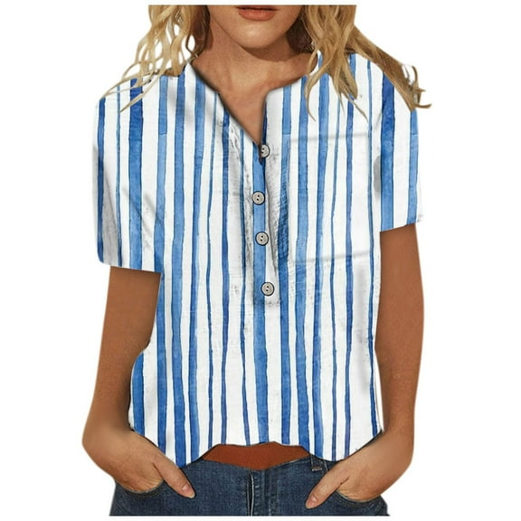 USSUMA Womens Summer Tops Trendy V Neck Comfy Cute Henley T Shirts for Women Short Sleeve Blouses Tops Dressy Striped Tunic Plus Size Shirts for Women