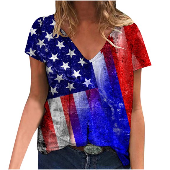 USSUMA Womens Summer Tops Trendy V Neck Funny Cute American Flag T Shirts for Women Short Sleeve Blouses Tops Dressy 4th of July Stars Striped Tunic Plus Size Shirts for Women