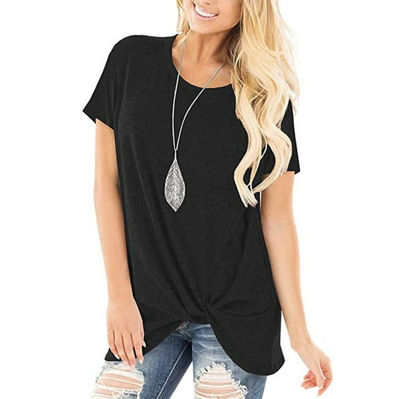 USSUMA Womens Summer Tops Women Casual T-Shirt Loose Short Sleeve Tops Solid Blouse Leisure Comfortable Sale Black Polyester L