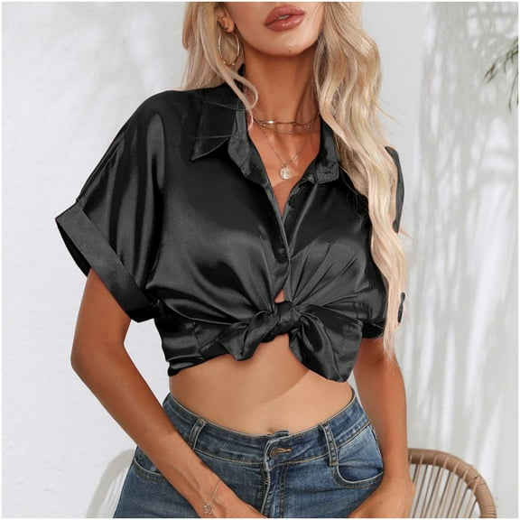 USSUMA Womens Summer Tops Women Fashion Casual Short Sleeve Solid Color V-Neck Blouses & lounging up to 4 Off Black Polyester L