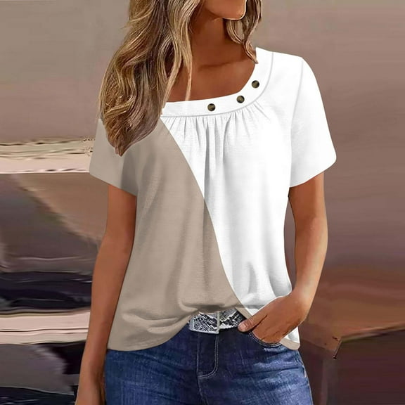 USSUMA Womens Summer Tops Women'S Short Sleeved Pleated T-Shirt Top Casual Breathable My Order Khaki Polyester XXl