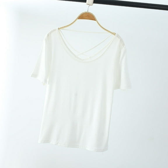 USSUMA Womens Summer Tops Women'S Solid Round Neck Short Sleeved Strap Backless Top Short Sleeved Round Neck Top/Shirt Casual Comfortable White L