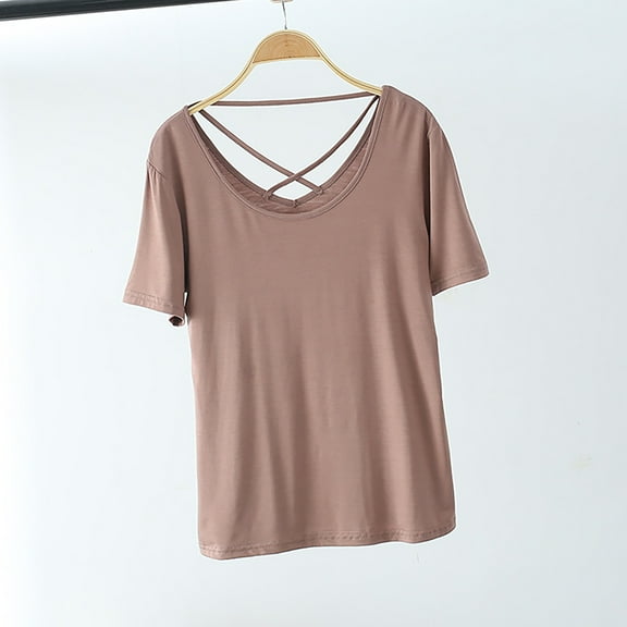 USSUMA Womens Summer Tops Women'S Solid Round Neck Short Sleeved Strap Backless Top Short Sleeved Round Neck Top/Shirt Casual Comfortable Holiday Saving Khaki L