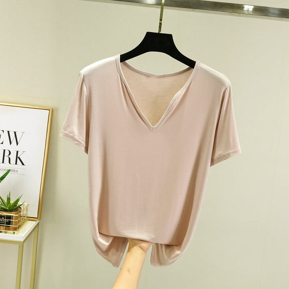 USSUMA Womens Summer Tops Women'S V-Neck Casual Solid Color Short Sleeved Loose T-Shirt Short Sleeved V-Neck Top/Shirt Lounging Online Shopping Beige Polyester L