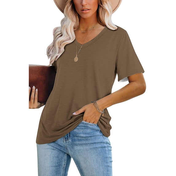 USSUMA Womens Summer Tops Women's Casual Blouses Solid Color T-Shirt Short Sleeved V-Neck Top Leisure Festive Fashion Coffee Polyester L