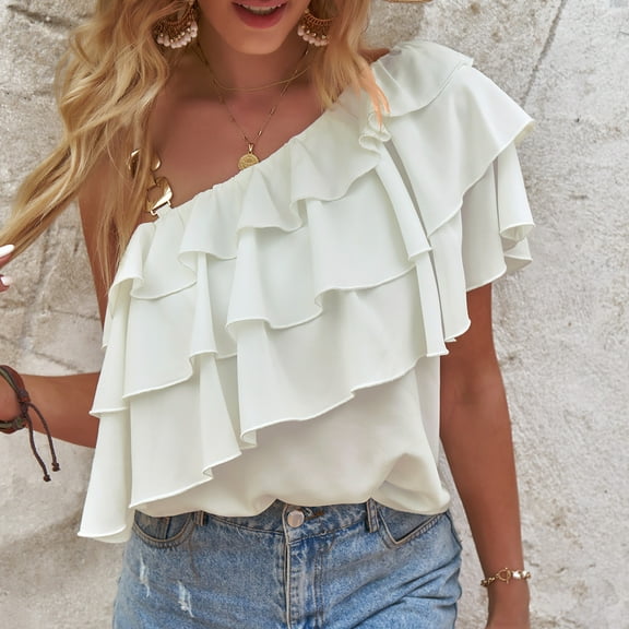 USSUMA Womens Summer Tops Women's Fashion Casual Spring Summer Short Sleeve Skew Collar Blouses & Casual Windproof White Polyester XL