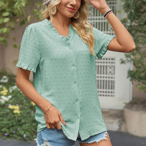 USSUMA Womens Summer Tops Women's Fashion Lace Sleeve V Neck Chiffon Short Sleeve T-Shirt Top lounging Online Shopping Green Polyester Spandex L