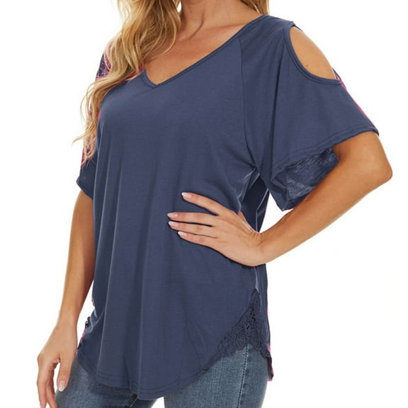 USSUMA Womens Summer Tops Women's Pullover Solid Short-sleeved V-neck Lace Loose T-shirt Top Casual My Order Navy Nylon L