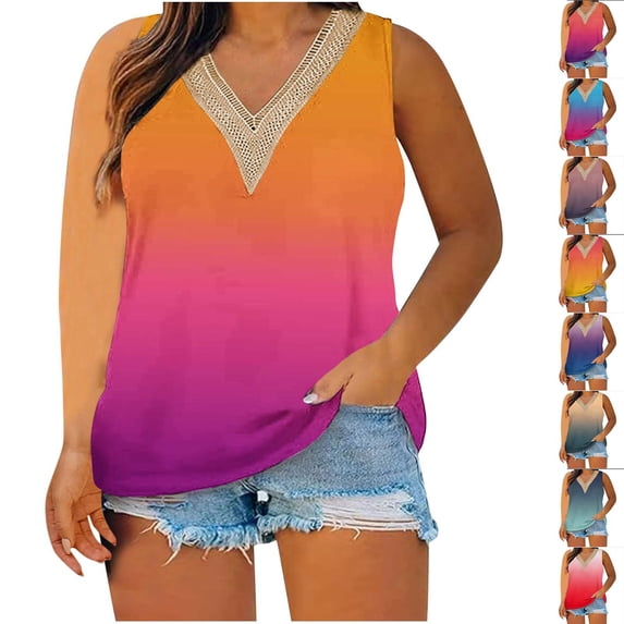 USSUMA Womens Summer Tops Women's Tank Tops Sleeveless V Neck Loose Casual Plus Size Tops for Women Lace Printed Tunic Lounging Tops Loose Shirt Climbing Blue Online Shopping Tank Top for Women L