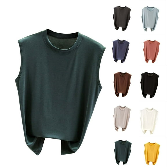 USSUMA Womens Summer Tops Womens Tank Tops Sleeveless Round Neck Solid Color Casual Plus Size Tops for Women Retro Shirt Breathable Tee Date Black Polyester Festive Fashion Tank Top for Women M