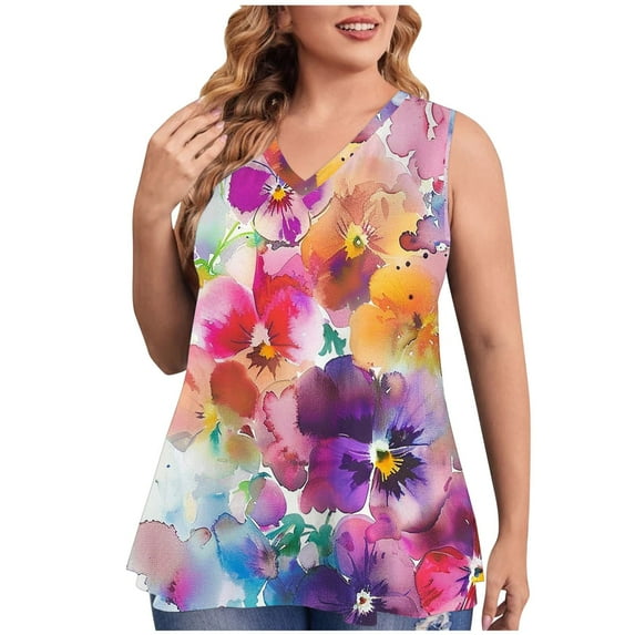USSUMA Womens Summer Tops Womens Tank Tops Sleeveless V Neck Loose Plus Size Tops for Women Printed Casual Blouse Lightweight Blouse Date Multicolor Polyester Up to 65% off Tank Top for Women L