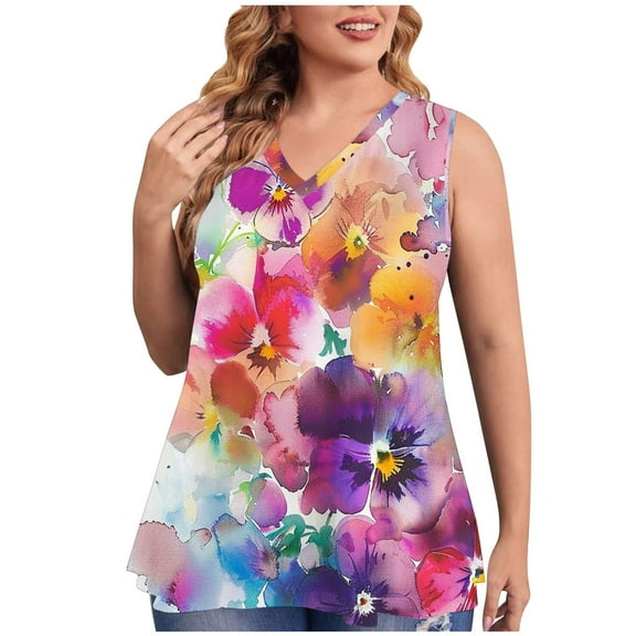 USSUMA Womens Summer Tops Womens Tank Tops Sleeveless V Neck Loose Plus Size Tops for Women Printed Casual Blouse Lightweight Blouse Date Multicolor Polyester Up to 65% off Tank Top for Women L