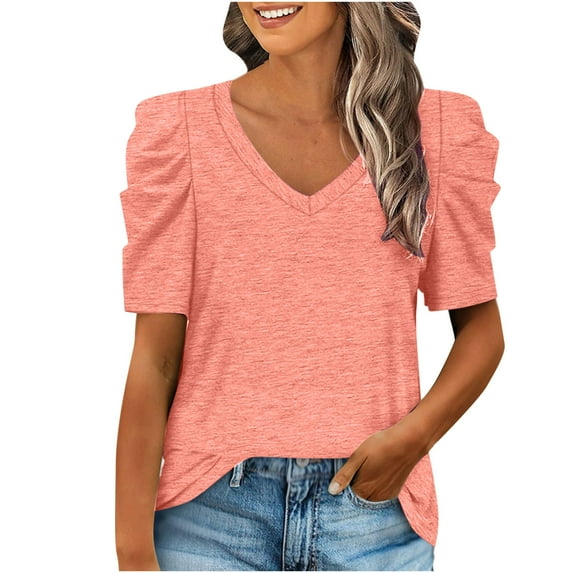 USSUMA Womens Summer Tops and Blouses Trendy Womens Summer Shirt V Neck Casual Tshirts Puff Sleeve Tops Dressy Casual Blouse for Women Solid Color