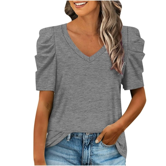 USSUMA Womens Summer Tops and Blouses Trendy Womens Summer Shirt V Neck Casual Tshirts Puff Sleeve Tops Dressy Casual Blouse for Women Solid Color