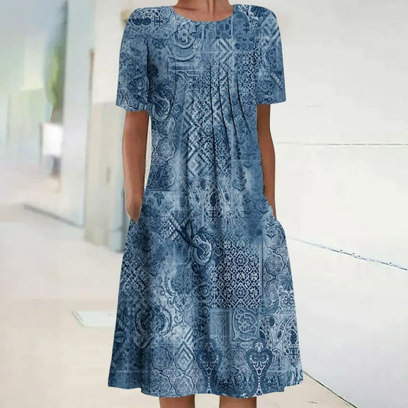 USSUMA Womens Sundresses Summer Casual Boho Pleated Knee Length Swing Aline Midi Party Beach Dress Floral Print Short Sleeve Sun dresses for Women Plus Crewneck Dresses Vacation